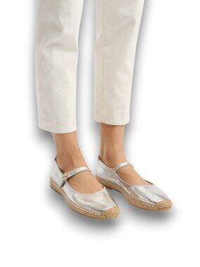 Tory Burch Metallic Silver Mary Jane Espadrille Flats Leather